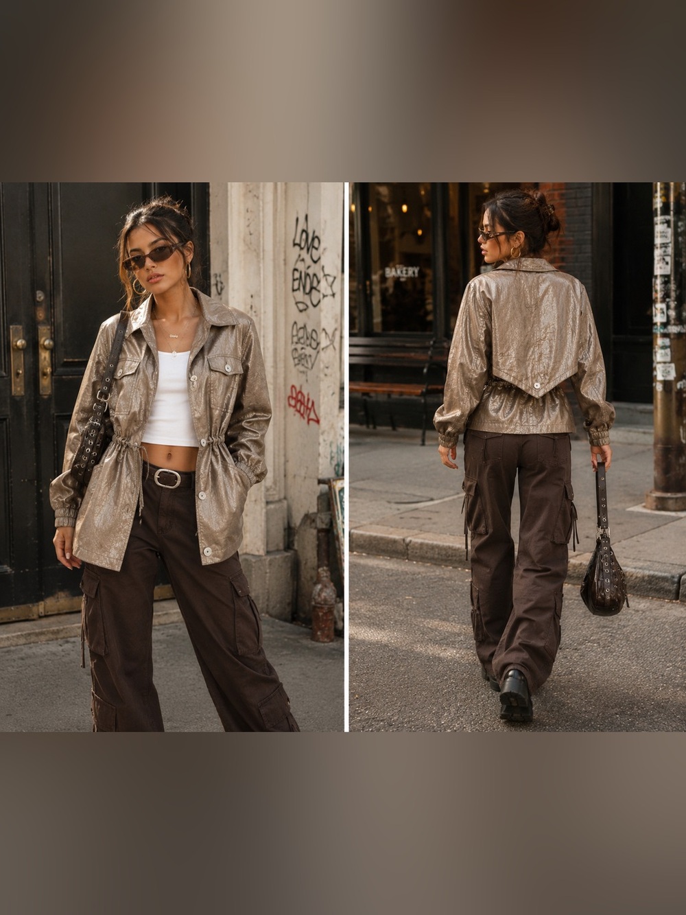 Pizazz Brand Drawstring-Waist Metallic Bronze Utility Jacket